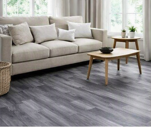 deep ash‑grey woodgrain pattern with subtle streaks of charcoal & silver undertone wood effect waterproof PVC vinyl flooring carpet Mkeka Wa Mbao Wood Effect Cushion vinyl flooring Wood Finish Carpet