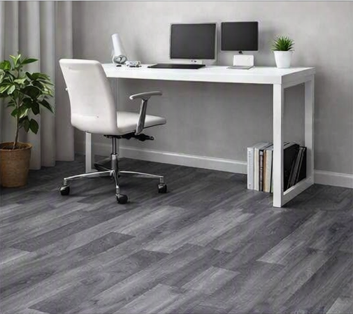 deep ash‑grey woodgrain pattern with subtle streaks of charcoal & silver undertone wood effect waterproof PVC vinyl flooring carpet Mkeka Wa Mbao Wood Effect Cushion vinyl flooring Wood Finish Carpet