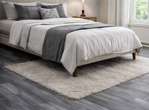 deep ash‑grey woodgrain pattern with subtle streaks of charcoal & silver undertone wood effect waterproof PVC vinyl flooring carpet Mkeka Wa Mbao Wood Effect Cushion vinyl flooring Wood Finish Carpet