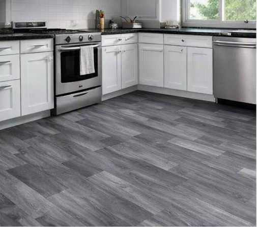 deep ash‑grey woodgrain pattern with subtle streaks of charcoal & silver undertone wood effect waterproof PVC vinyl flooring carpet Mkeka Wa Mbao Wood Effect Cushion vinyl flooring Wood Finish Carpet