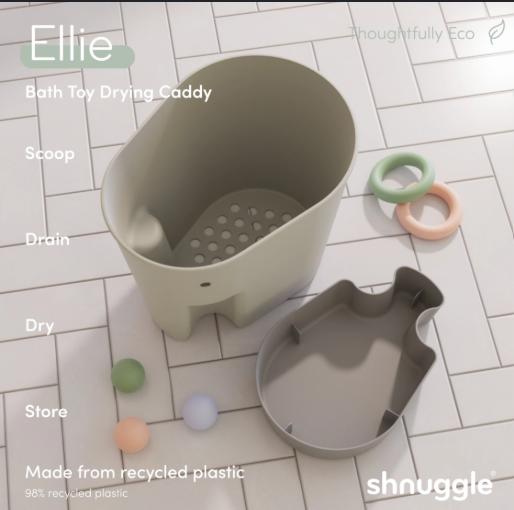 Shnuggle Ellie Bath Toy Storage Scoop | Baby & Toddler Bath Toy Drying Caddy with Drip Tray - Taupe