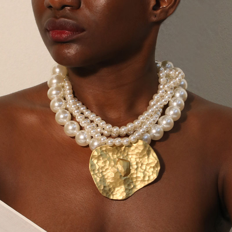 African Statement Multi-Layer Pearl Choker Necklace, Gold Hammered Pendant Jewelry for Women