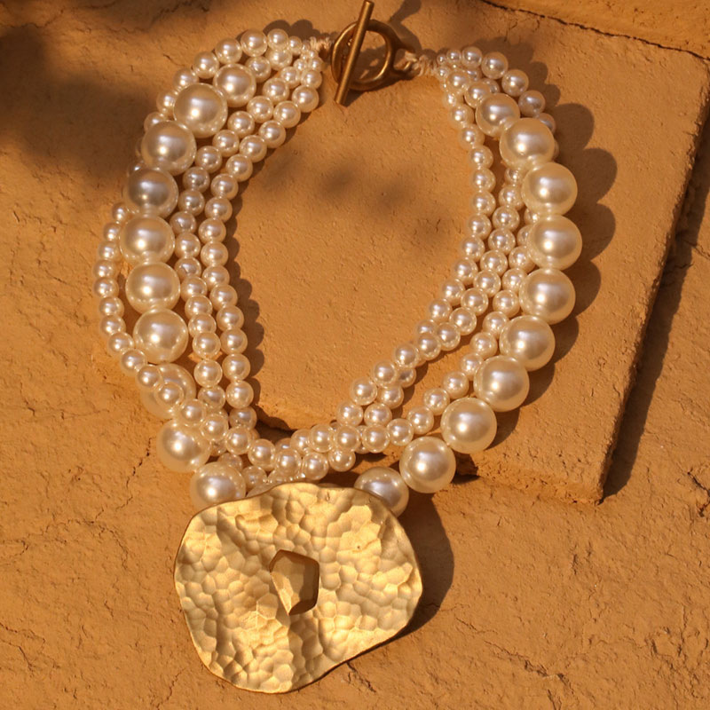 African Statement Multi-Layer Pearl Choker Necklace, Gold Hammered Pendant Jewelry for Women