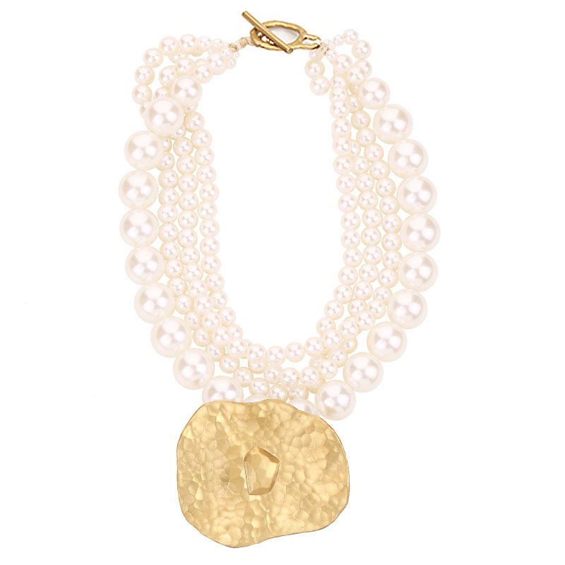 African Statement Multi-Layer Pearl Choker Necklace, Gold Hammered Pendant Jewelry for Women