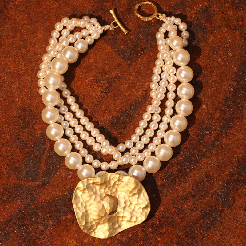 African Statement Multi-Layer Pearl Choker Necklace, Gold Hammered Pendant Jewelry for Women