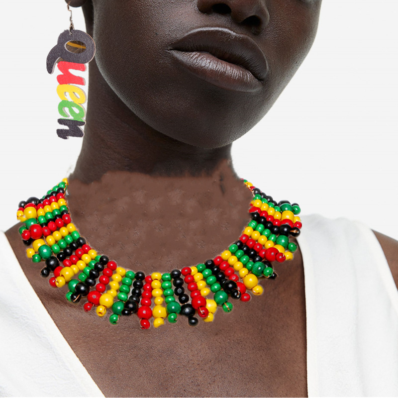 From KSh 399 | African Style Beaded Jewelry Set, Colorful Wood Bead Necklace & Queen Letter Earrings