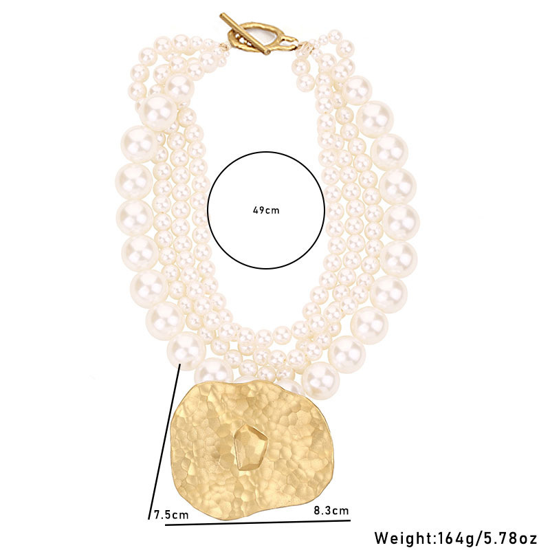 African Statement Multi-Layer Pearl Choker Necklace, Gold Hammered Pendant Jewelry for Women