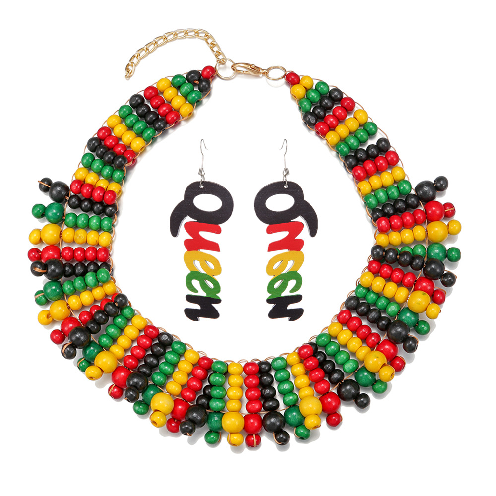 From KSh 399 | African Style Beaded Jewelry Set, Colorful Wood Bead Necklace & Queen Letter Earrings