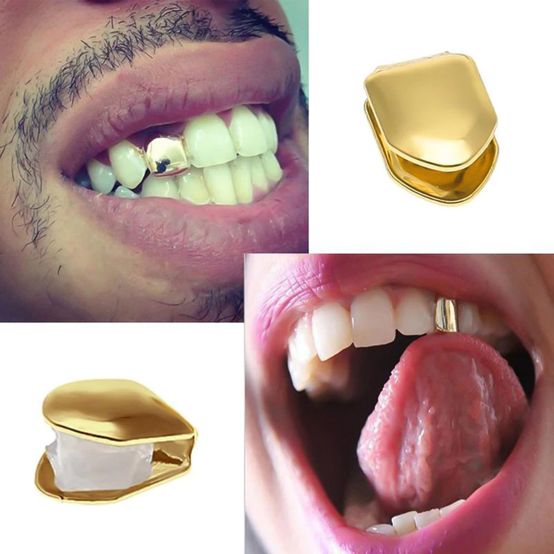 Gold Trendy Rock Rapper Hip Hop GrillzCaps Mold Top & Bottom Grill BodyJewelry Single Teeth