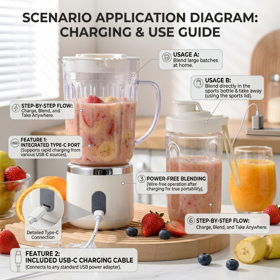 UPHUI 750Ml Large Capacity Juicer Cup Portable Blender With Extra Travel Cup Electric Fruit Juicer Usb Rechargeable Home Office Travel Multifunctional Smoothie Maker for Shakes Baby Food Ice Crushing