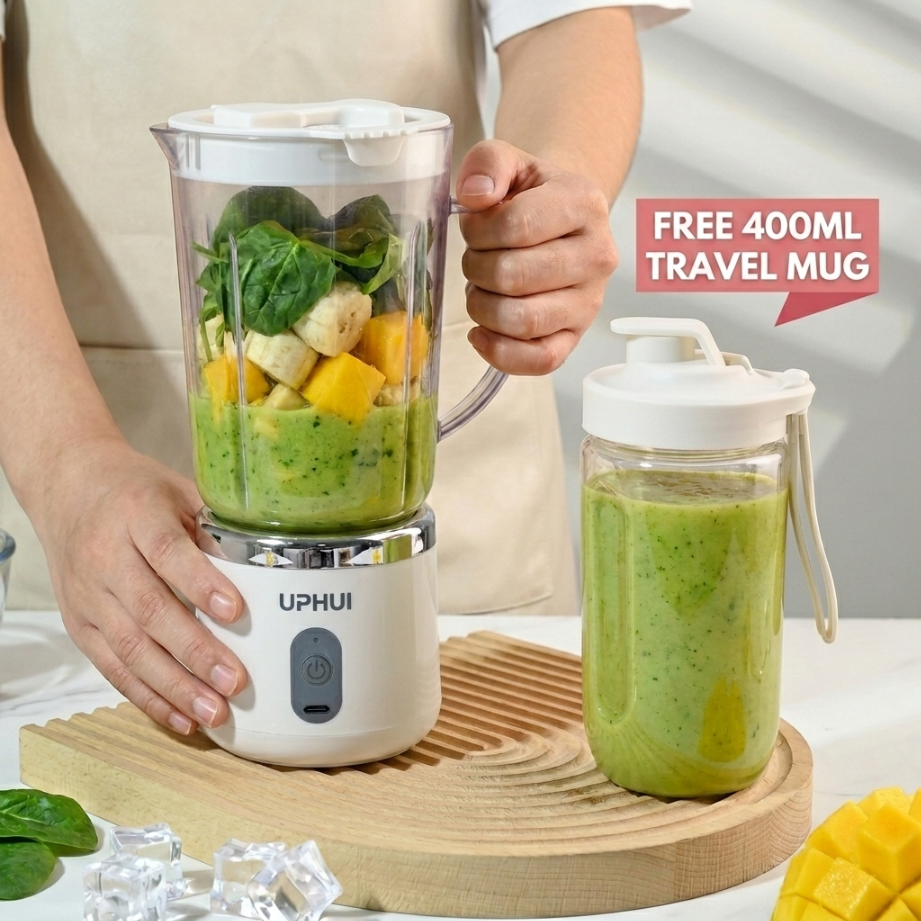 UPHUI 750Ml Large Capacity Juicer Cup Portable Blender With Extra Travel Cup Electric Fruit Juicer Usb Rechargeable Home Office Travel Multifunctional Smoothie Maker for Shakes Baby Food Ice Crushing