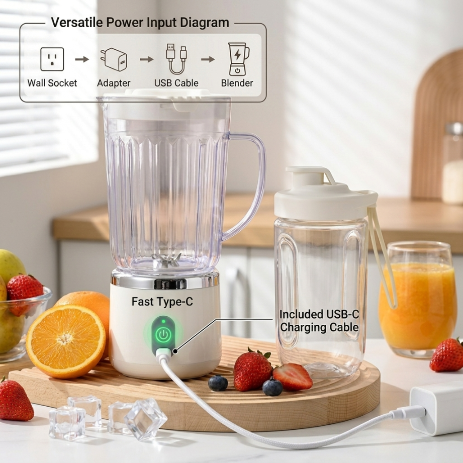 UPHUI 750Ml Large Capacity Juicer Cup Portable Blender With Extra Travel Cup Electric Fruit Juicer Usb Rechargeable Home Office Travel Multifunctional Smoothie Maker for Shakes Baby Food Ice Crushing