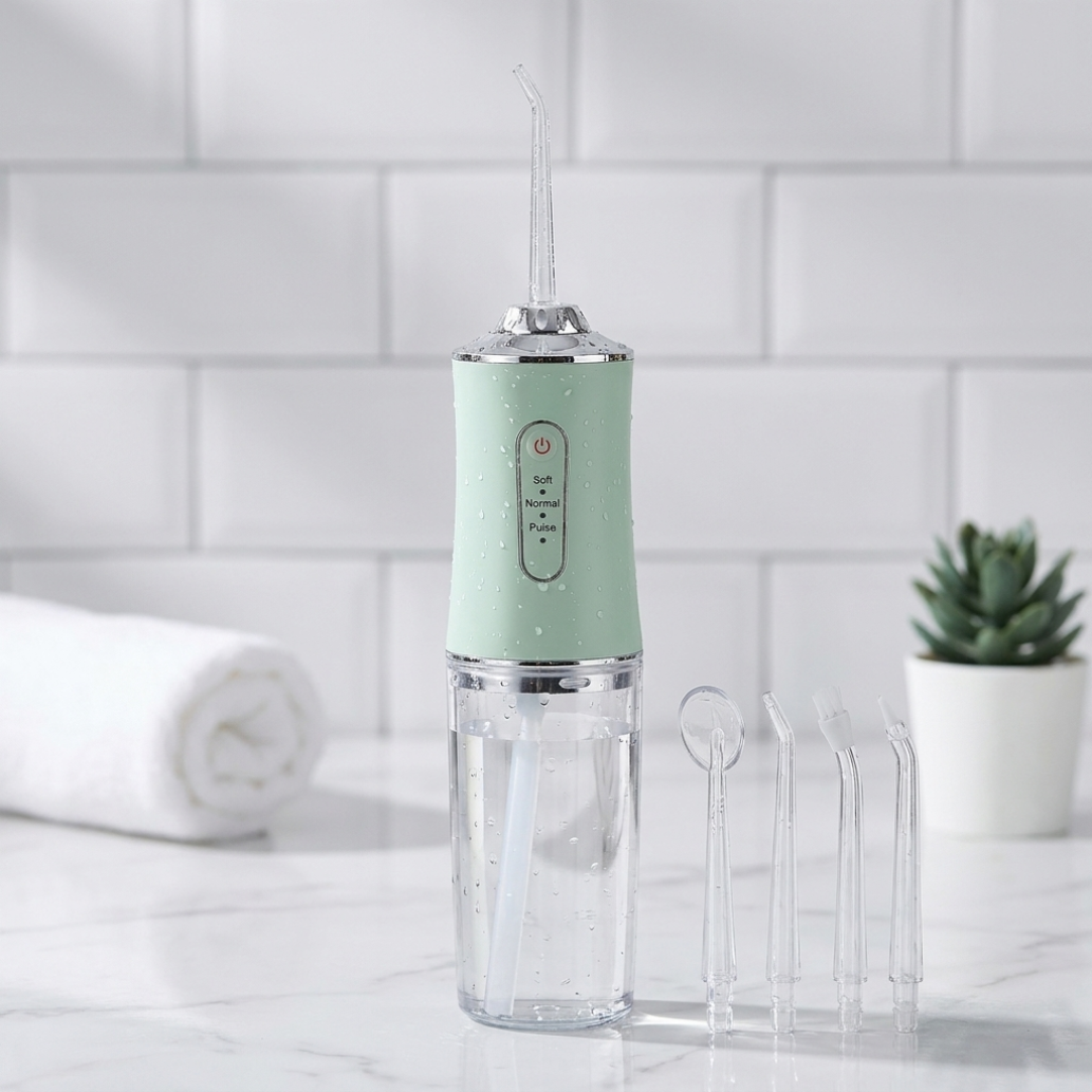 UPHUI 4 Nozzles Portable Electric Water Flosser 3 Modes IPX7 Waterproof USB Rechargeable Dental Oral Irrigator For Teeth Cleaning Braces Gums Care Home Travel Business Trip