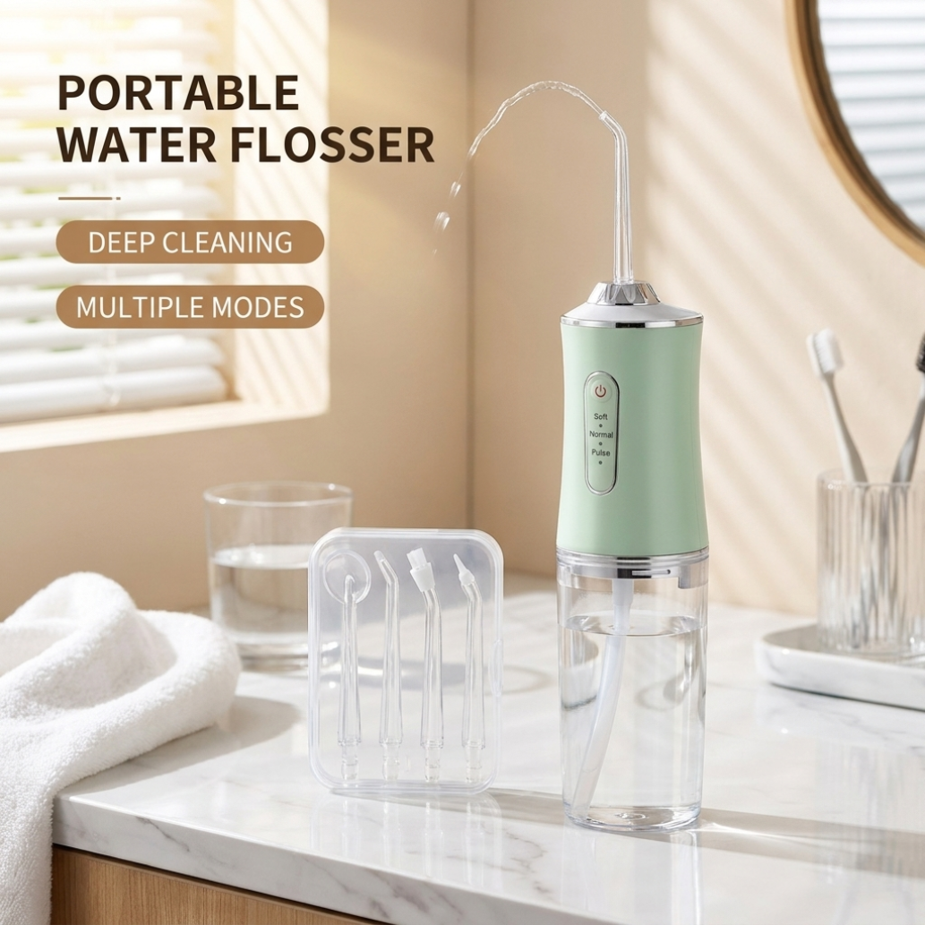 UPHUI 4 Nozzles Portable Electric Water Flosser 3 Modes IPX7 Waterproof USB Rechargeable Dental Oral Irrigator For Teeth Cleaning Braces Gums Care Home Travel Business Trip