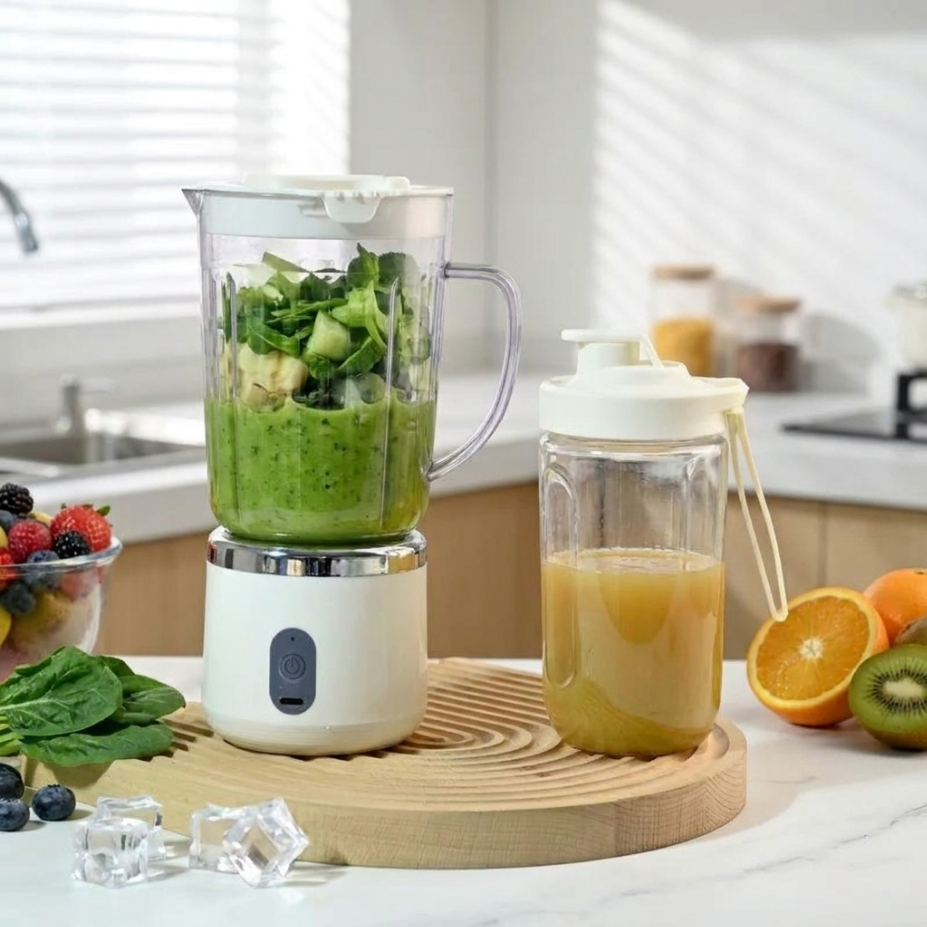UPHUI 750Ml Large Capacity Juicer Cup Portable Blender With Extra Travel Cup Electric Fruit Juicer Usb Rechargeable Home Office Travel Multifunctional Smoothie Maker for Shakes Baby Food Ice Crushing