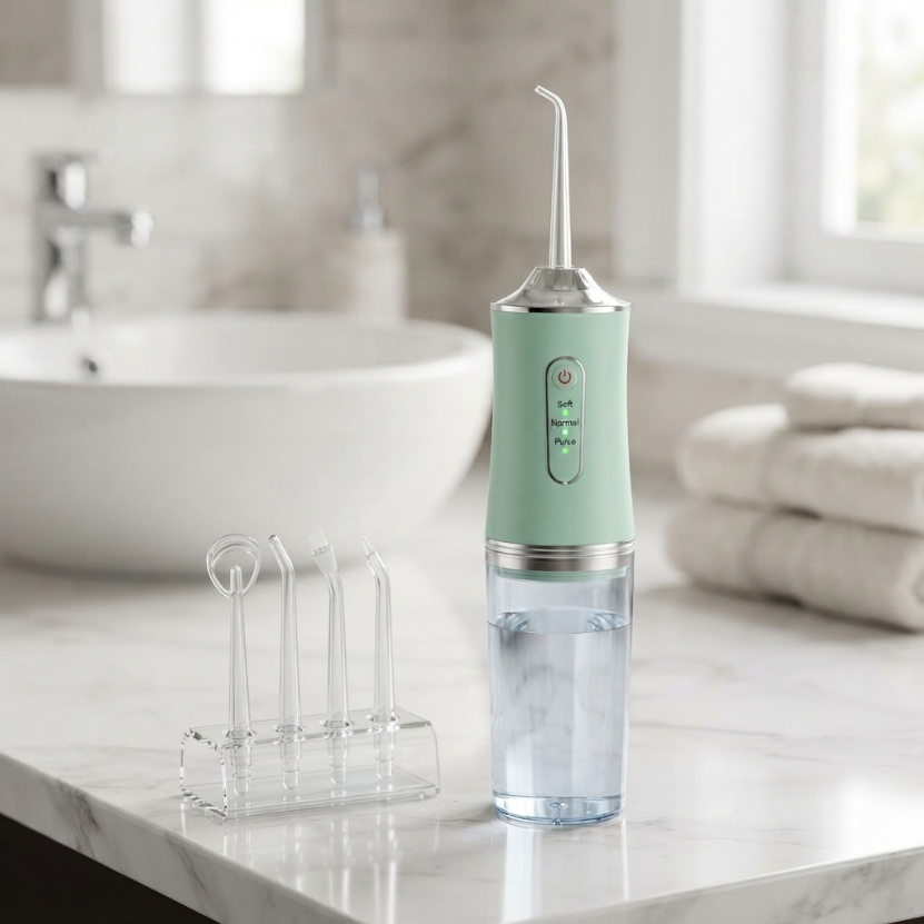 UPHUI 4 Nozzles Portable Electric Water Flosser 3 Modes IPX7 Waterproof USB Rechargeable Dental Oral Irrigator For Teeth Cleaning Braces Gums Care Home Travel Business Trip