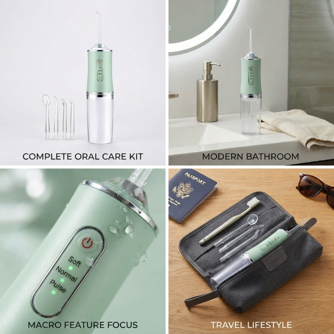 UPHUI 4 Nozzles Portable Electric Water Flosser 3 Modes IPX7 Waterproof USB Rechargeable Dental Oral Irrigator For Teeth Cleaning Braces Gums Care Home Travel Business Trip