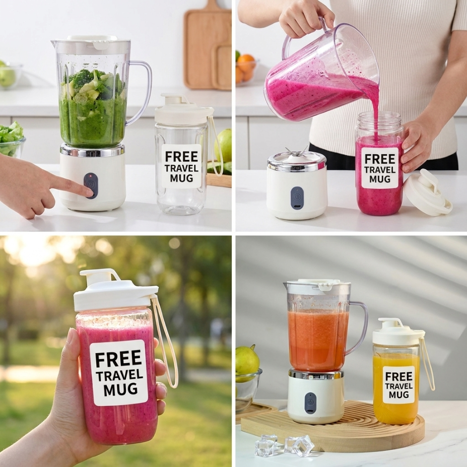 UPHUI 750Ml Large Capacity Juicer Cup Portable Blender With Extra Travel Cup Electric Fruit Juicer Usb Rechargeable Home Office Travel Multifunctional Smoothie Maker for Shakes Baby Food Ice Crushing