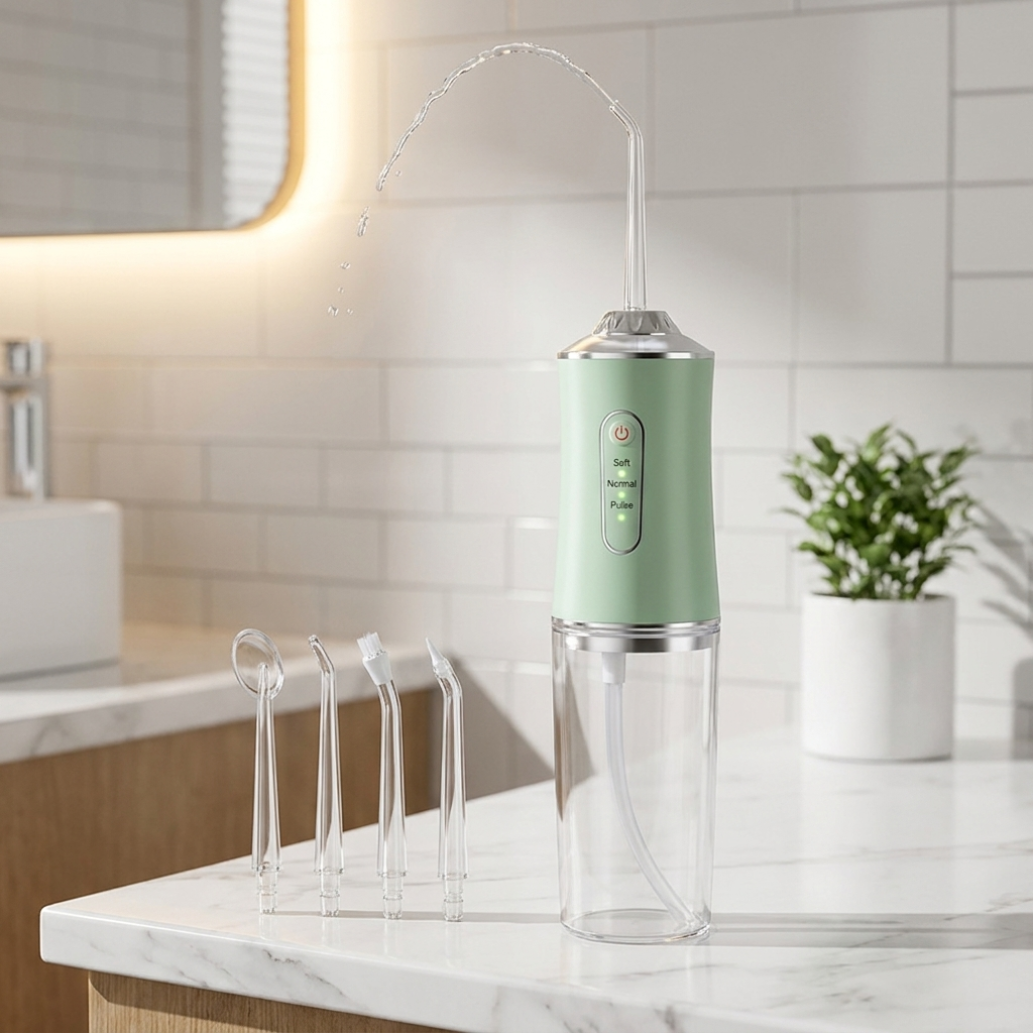 UPHUI 4 Nozzles Portable Electric Water Flosser 3 Modes IPX7 Waterproof USB Rechargeable Dental Oral Irrigator For Teeth Cleaning Braces Gums Care Home Travel Business Trip