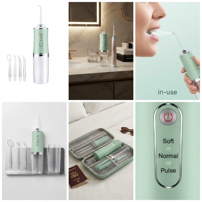 UPHUI 4 Nozzles Portable Electric Water Flosser 3 Modes IPX7 Waterproof USB Rechargeable Dental Oral Irrigator For Teeth Cleaning Braces Gums Care Home Travel Business Trip