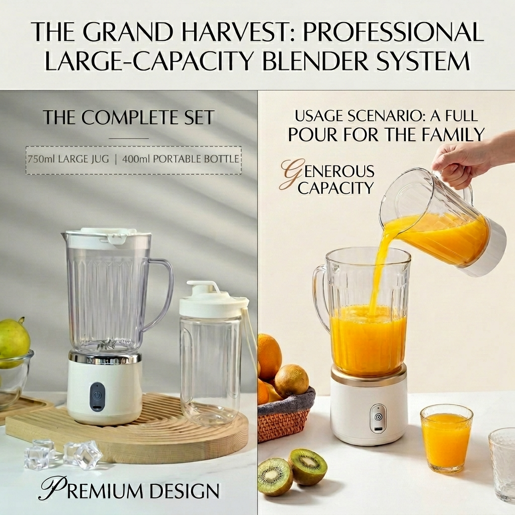 UPHUI 750Ml Large Capacity Juicer Cup Portable Blender With Extra Travel Cup Electric Fruit Juicer Usb Rechargeable Home Office Travel Multifunctional Smoothie Maker for Shakes Baby Food Ice Crushing
