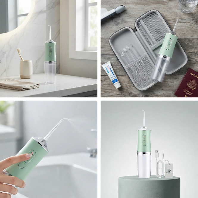 UPHUI 4 Nozzles Portable Electric Water Flosser 3 Modes IPX7 Waterproof USB Rechargeable Dental Oral Irrigator For Teeth Cleaning Braces Gums Care Home Travel Business Trip