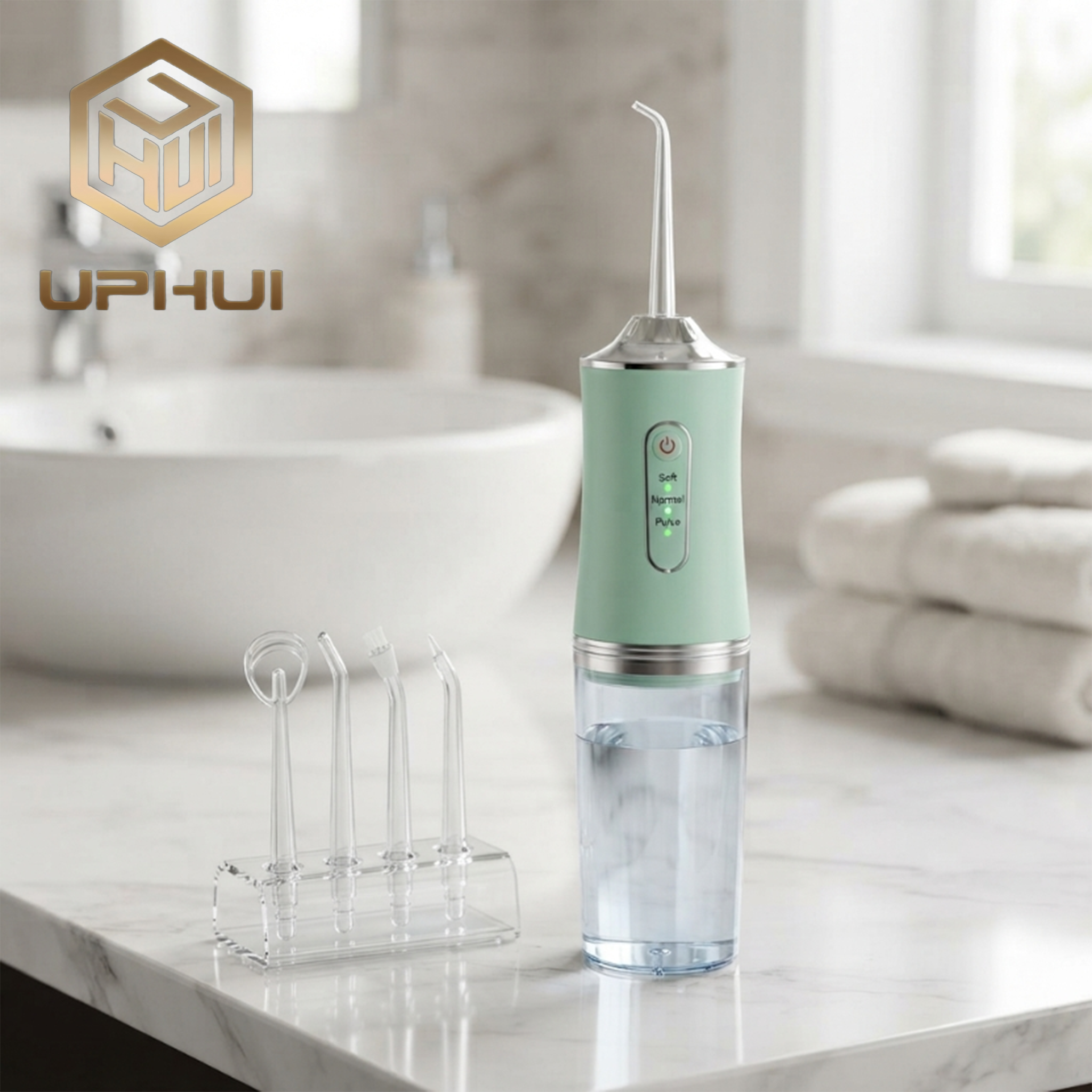 UPHUI 4 Nozzles Portable Electric Water Flosser 3 Modes IPX7 Waterproof USB Rechargeable Dental Oral Irrigator For Teeth Cleaning Braces Gums Care Home Travel Business Trip