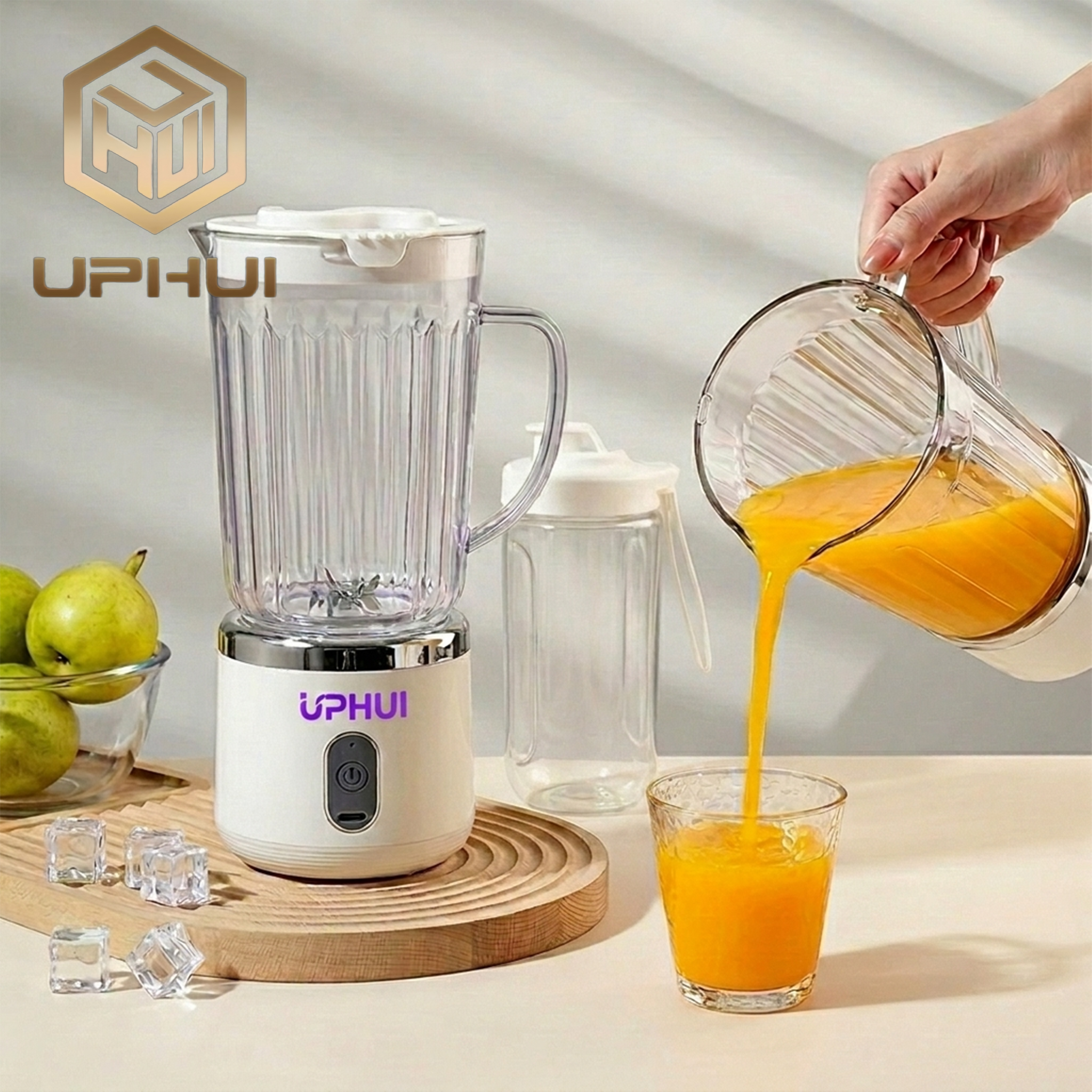UPHUI 750Ml Large Capacity Juicer Cup Portable Blender With Extra Travel Cup Electric Fruit Juicer Usb Rechargeable Home Office Travel Multifunctional Smoothie Maker for Shakes Baby Food Ice Crushing