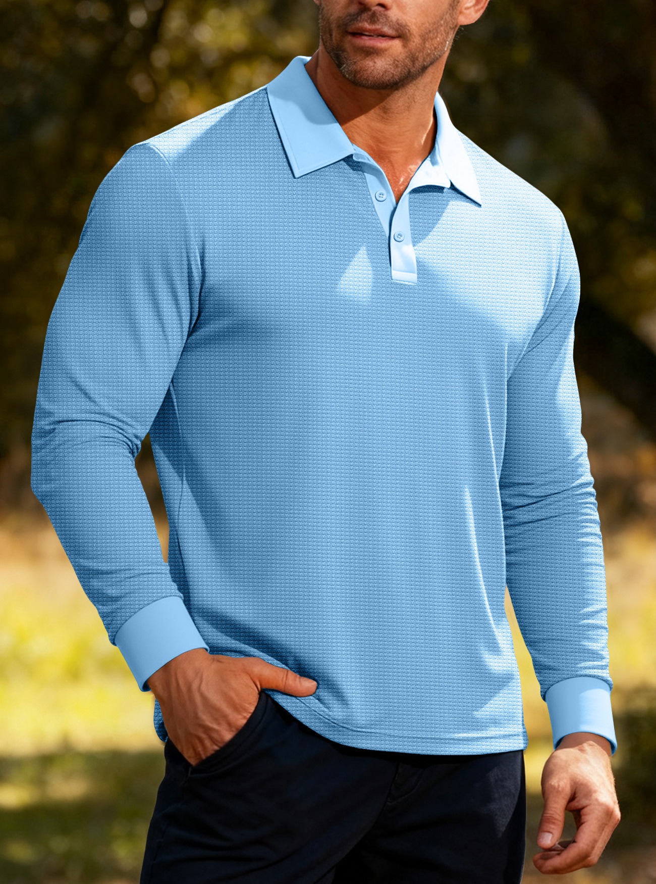 Clothes > Men's Clothing > Tops > Shirts  Waffle Men Long Sleeve Polo Shirt Casual Leisure T-Shirt