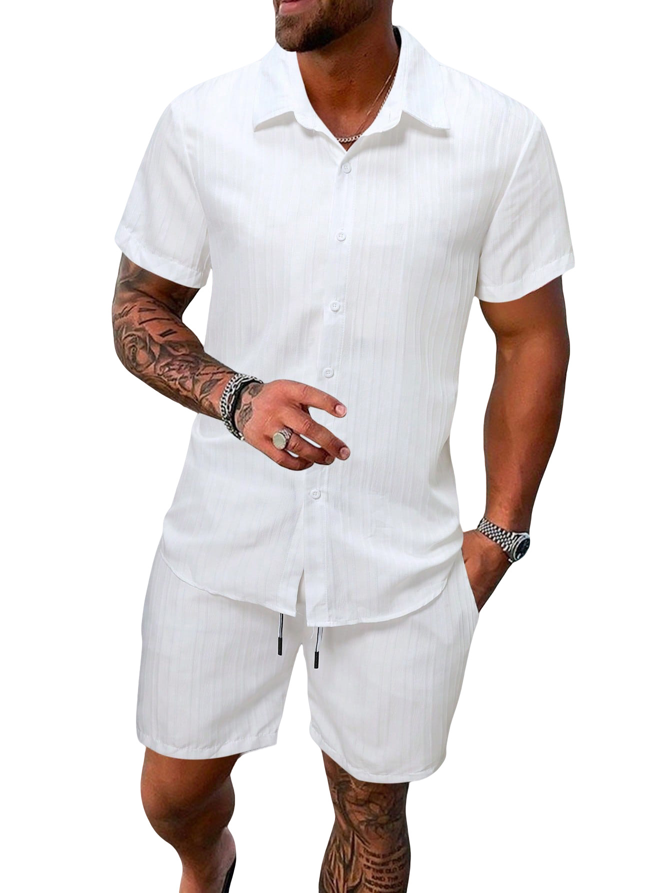 Clothes > Men's Clothing > Clothing Sets > Two-Piece Outfits  Summer Men's Short Sleeve Lapel T-Shirt Suit S-2XL