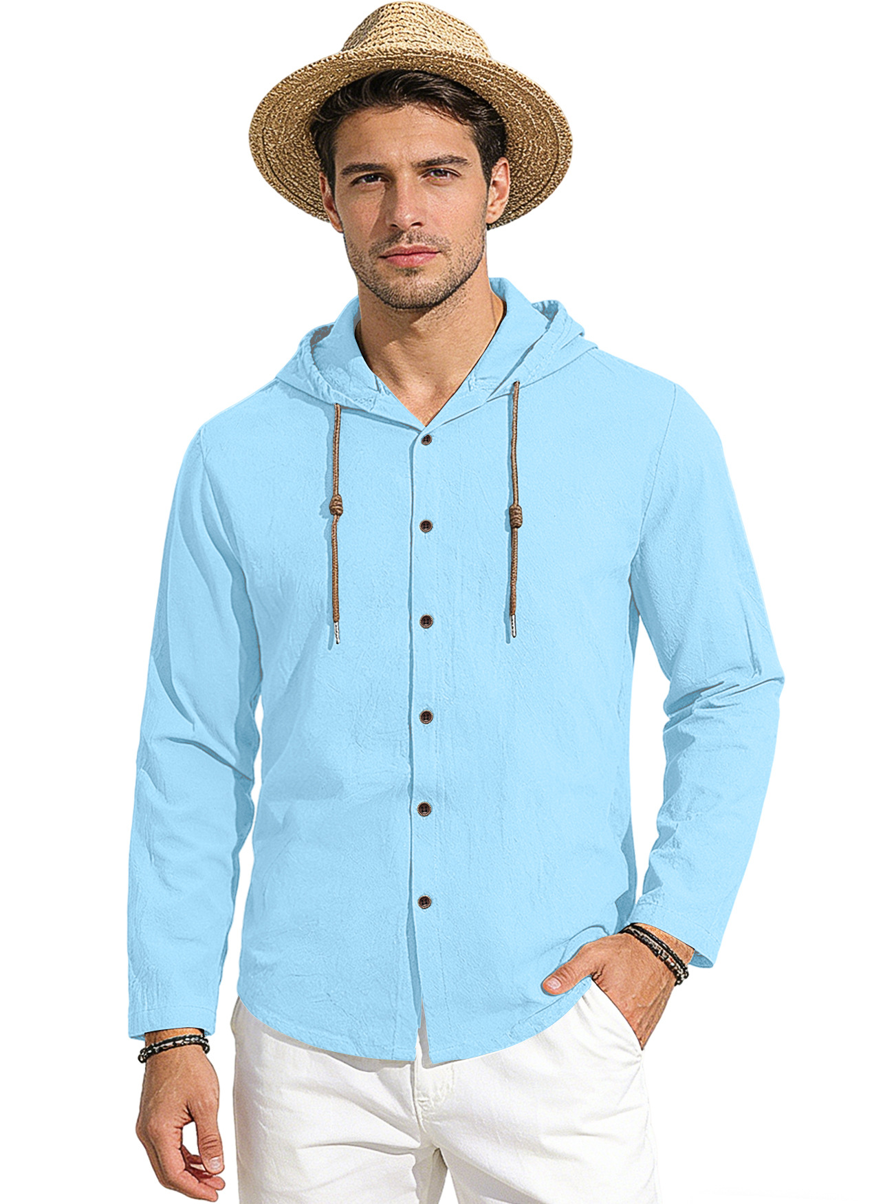 Clothes > Men's Clothing > Tops > Shirts Spring Summer Men's Cotton Linen Hooded T-Shirt Long Sleeve Shirt S-3XL