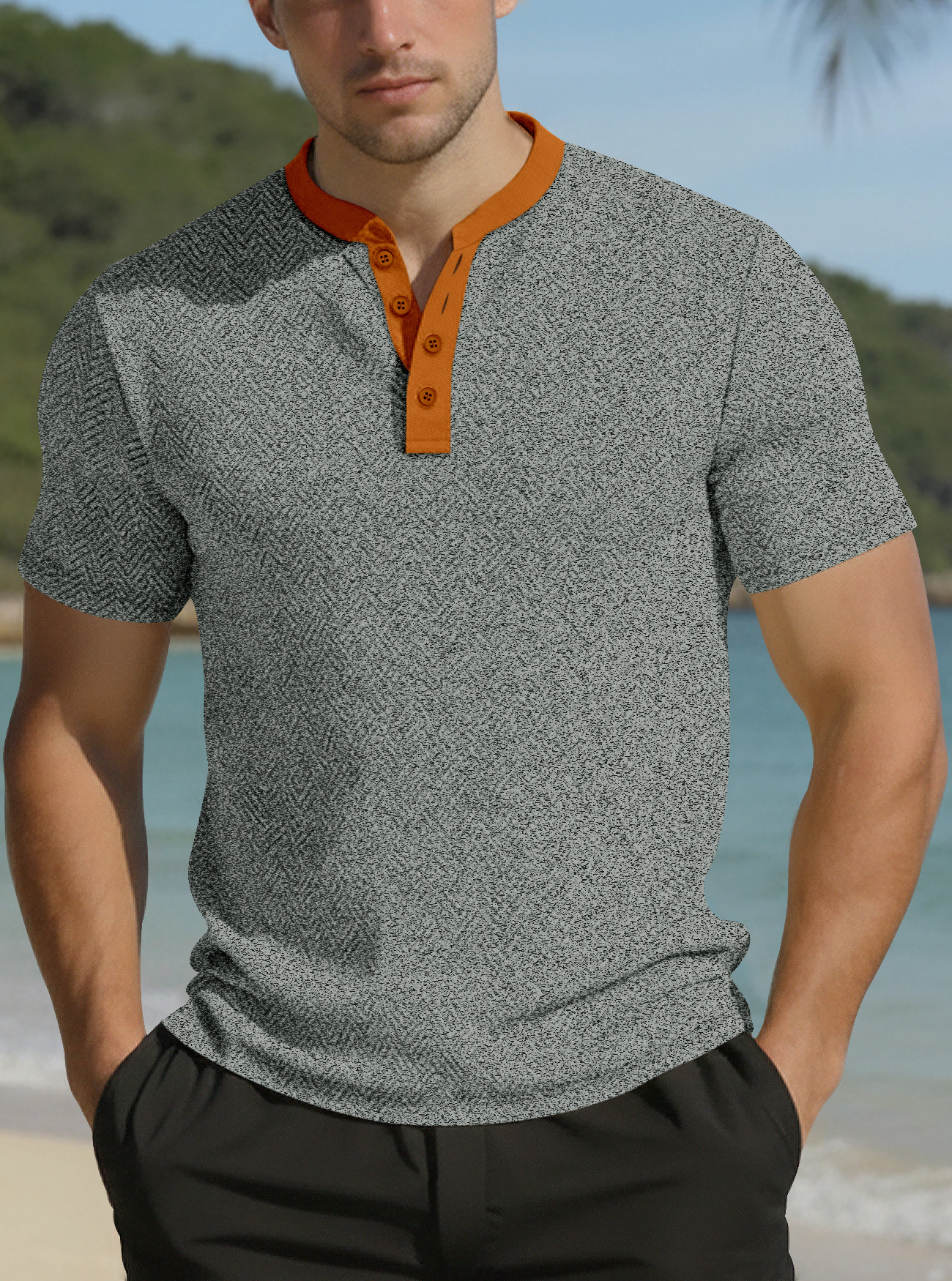 Clothes > Men's Clothing > Tops > T-Shirts  Summer Men's Henley Button Down T-Shirt