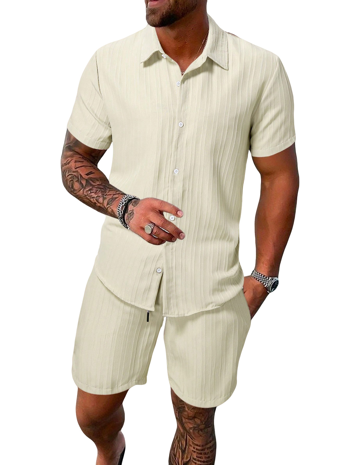 Clothes > Men's Clothing > Clothing Sets > Two-Piece Outfits  Summer Men's Short Sleeve Lapel T-Shirt Suit S-2XL