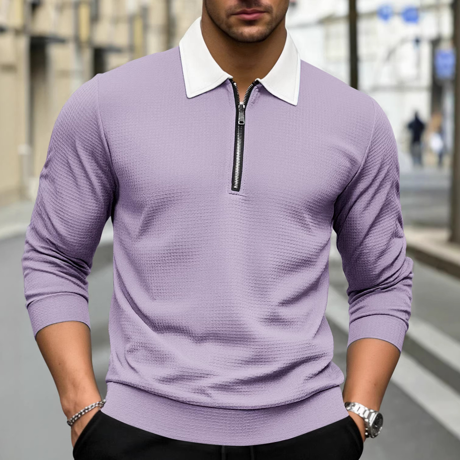 Clothes > Men's Clothing > Tops > Shirts  Long Sleeve Lapel Zip Shirt POLO Shirt S-3XL