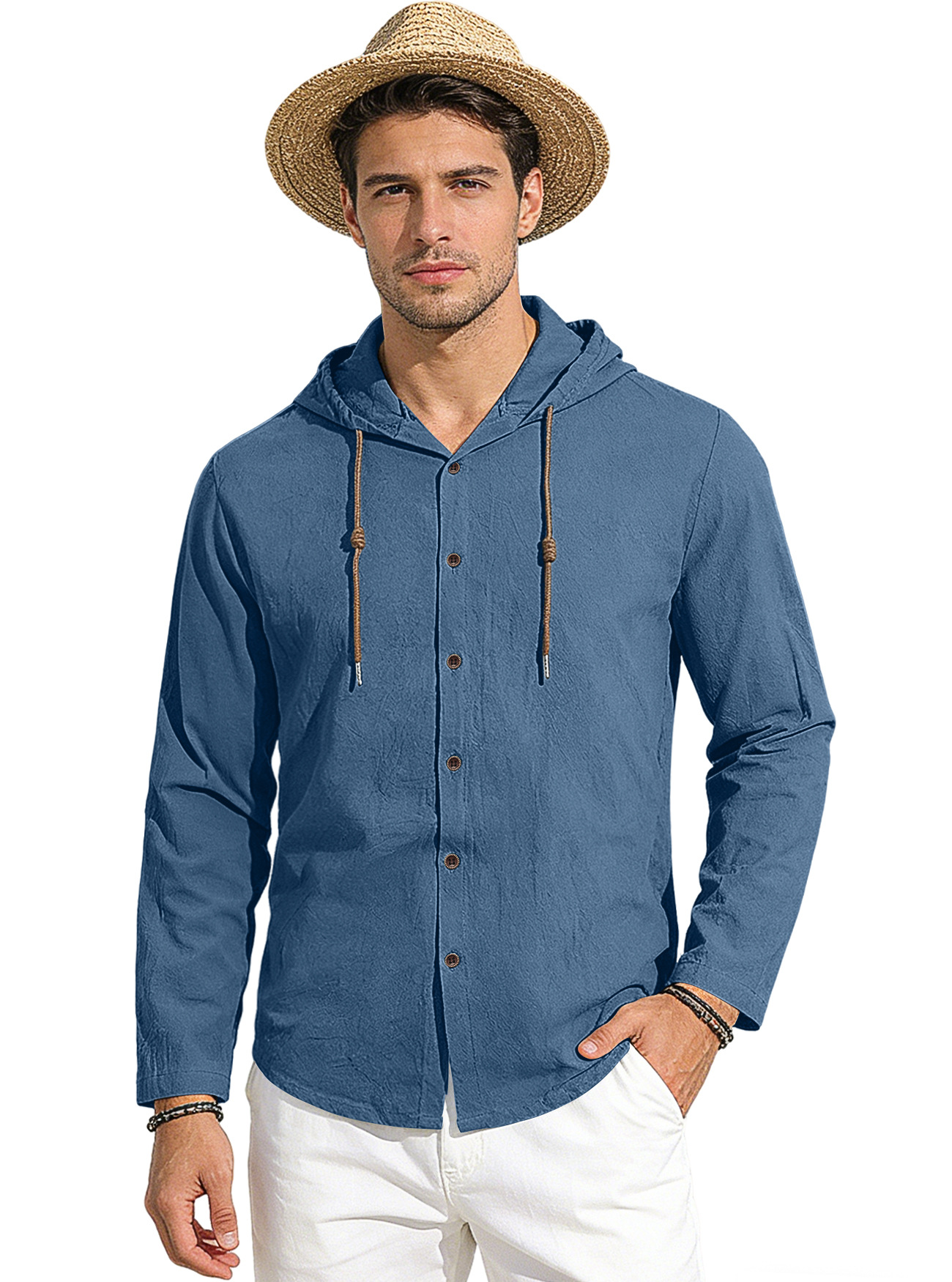 Clothes > Men's Clothing > Tops > Shirts Spring Summer Men's Cotton Linen Hooded T-Shirt Long Sleeve Shirt S-3XL