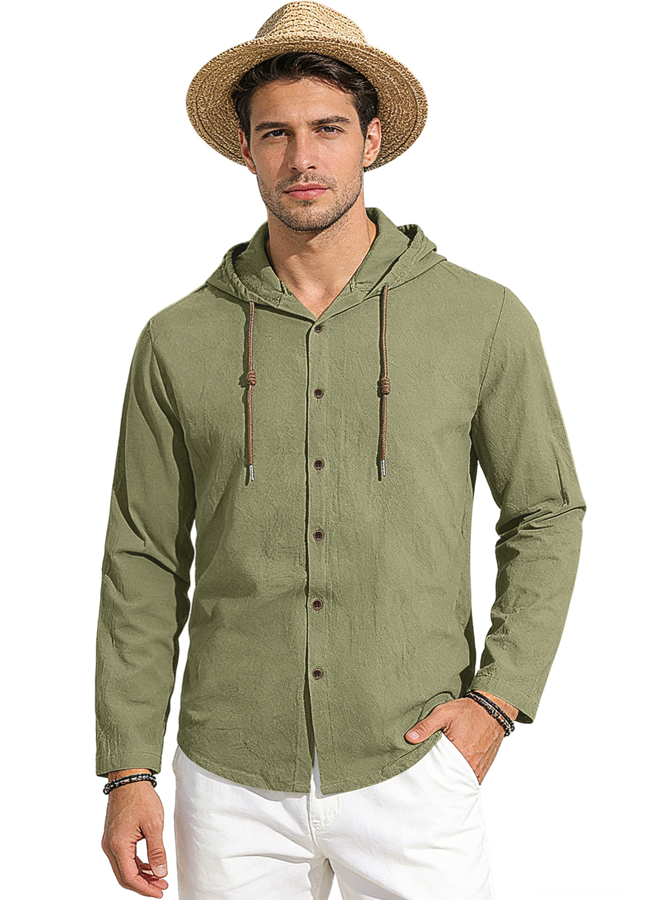 Clothes > Men's Clothing > Tops > Shirts Spring Summer Men's Cotton Linen Hooded T-Shirt Long Sleeve Shirt S-3XL