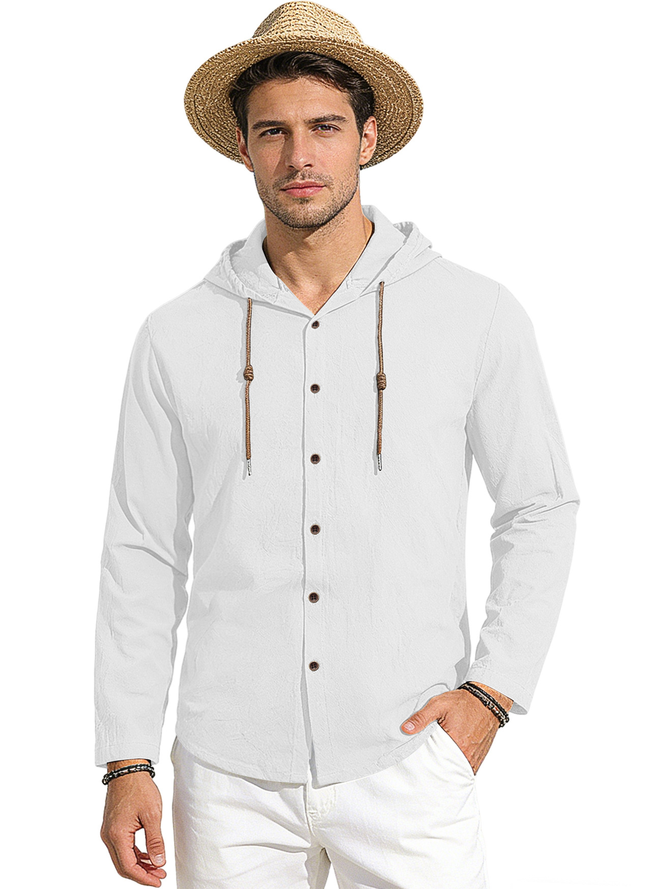 Clothes > Men's Clothing > Tops > Shirts Spring Summer Men's Cotton Linen Hooded T-Shirt Long Sleeve Shirt S-3XL