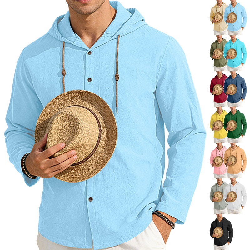 Clothes > Men's Clothing > Tops > Shirts Spring Summer Men's Cotton Linen Hooded T-Shirt Long Sleeve Shirt S-3XL