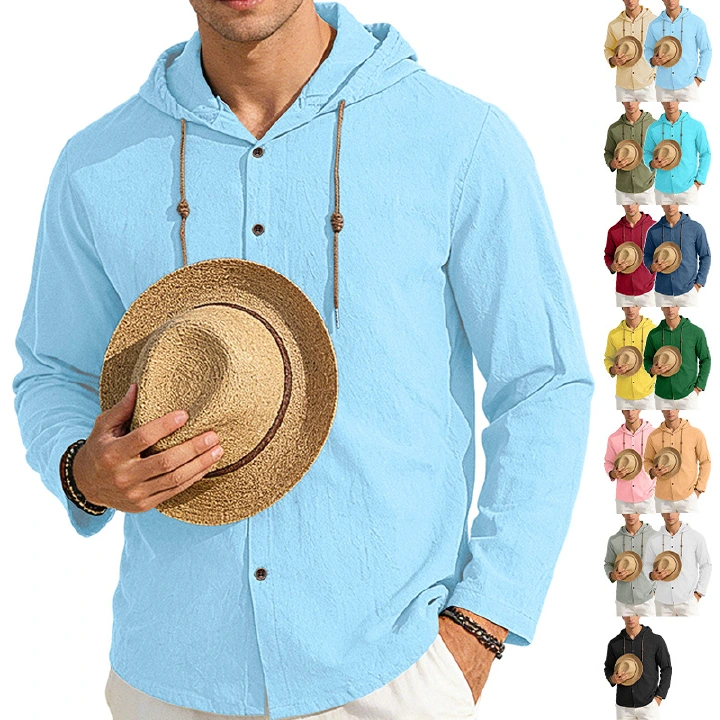 Clothes > Men's Clothing > Tops > Shirts Spring Summer Men's Cotton Linen Hooded T-Shirt Long Sleeve Shirt S-3XL