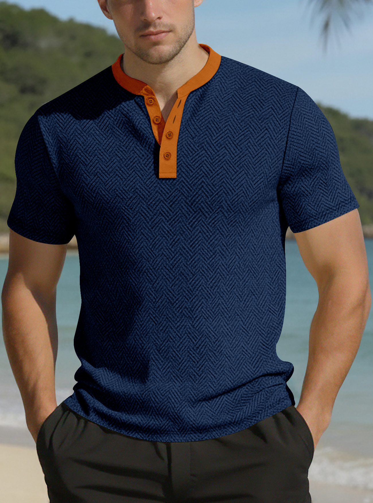 Clothes > Men's Clothing > Tops > T-Shirts  Summer Men's Henley Button Down T-Shirt