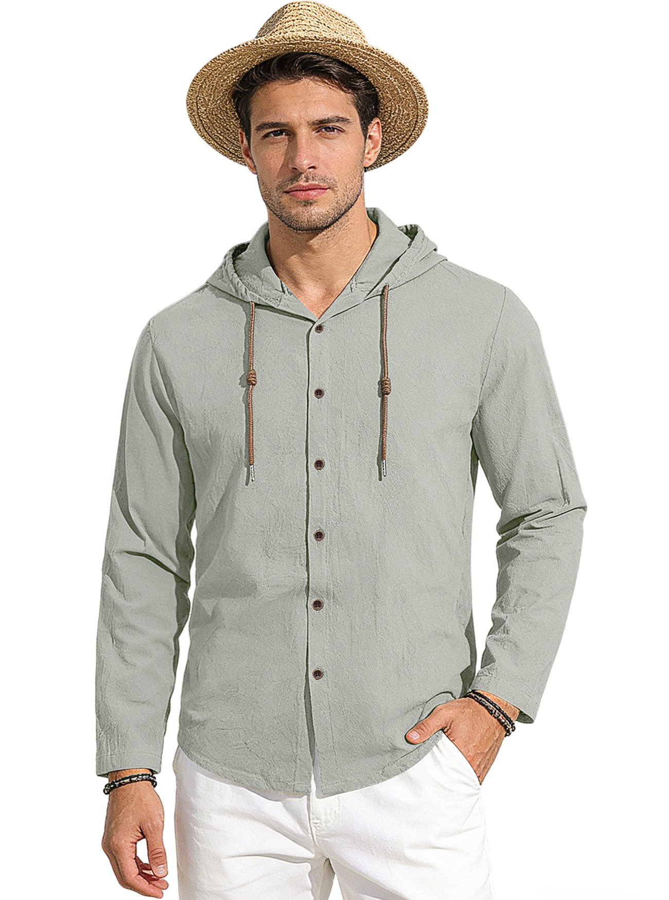 Clothes > Men's Clothing > Tops > Shirts Spring Summer Men's Cotton Linen Hooded T-Shirt Long Sleeve Shirt S-3XL