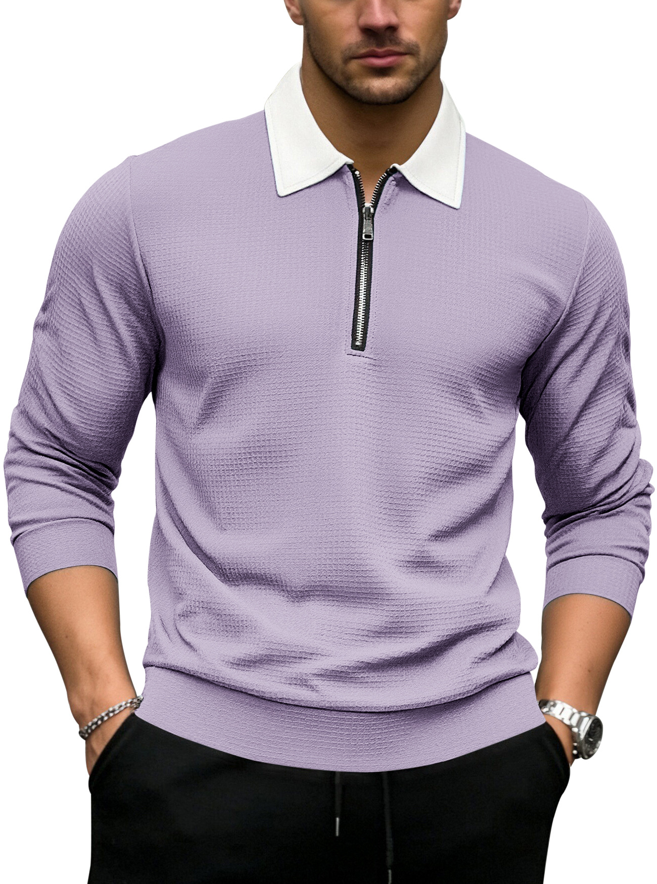 Clothes > Men's Clothing > Tops > Shirts  Long Sleeve Lapel Zip Shirt POLO Shirt S-3XL