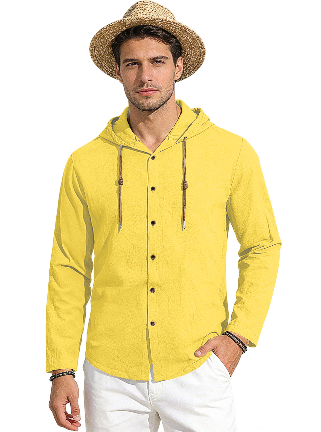 Clothes > Men's Clothing > Tops > Shirts Spring Summer Men's Cotton Linen Hooded T-Shirt Long Sleeve Shirt S-3XL