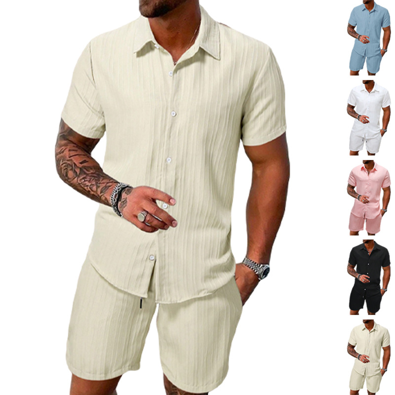 Clothes > Men's Clothing > Clothing Sets > Two-Piece Outfits  Summer Men's Short Sleeve Lapel T-Shirt Suit S-2XL