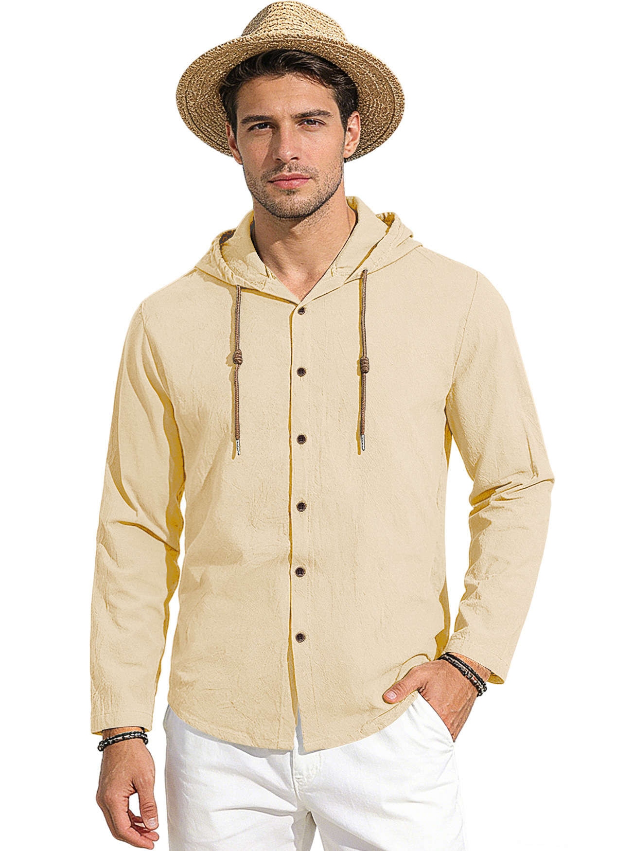 Clothes > Men's Clothing > Tops > Shirts Spring Summer Men's Cotton Linen Hooded T-Shirt Long Sleeve Shirt S-3XL