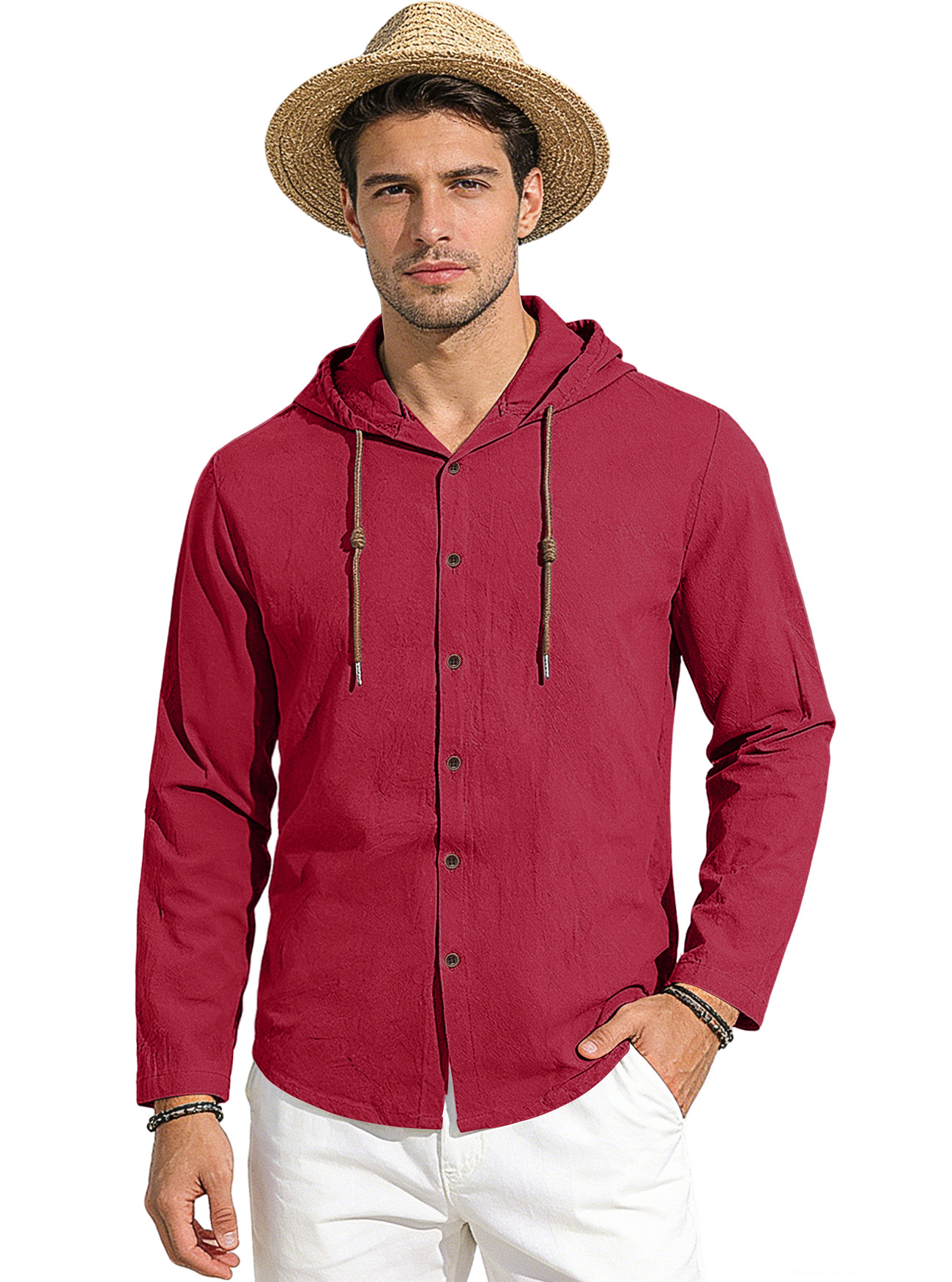 Clothes > Men's Clothing > Tops > Shirts Spring Summer Men's Cotton Linen Hooded T-Shirt Long Sleeve Shirt S-3XL