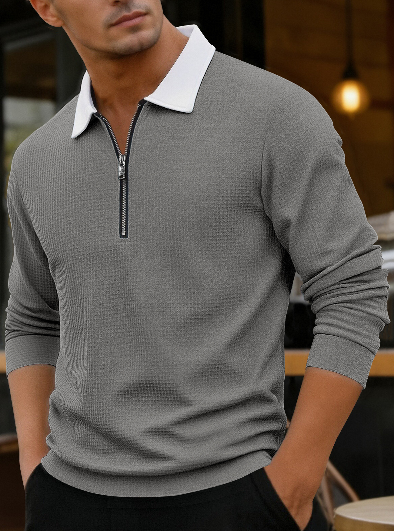 Clothes > Men's Clothing > Tops > Shirts  Long Sleeve Lapel Zip Shirt POLO Shirt S-3XL