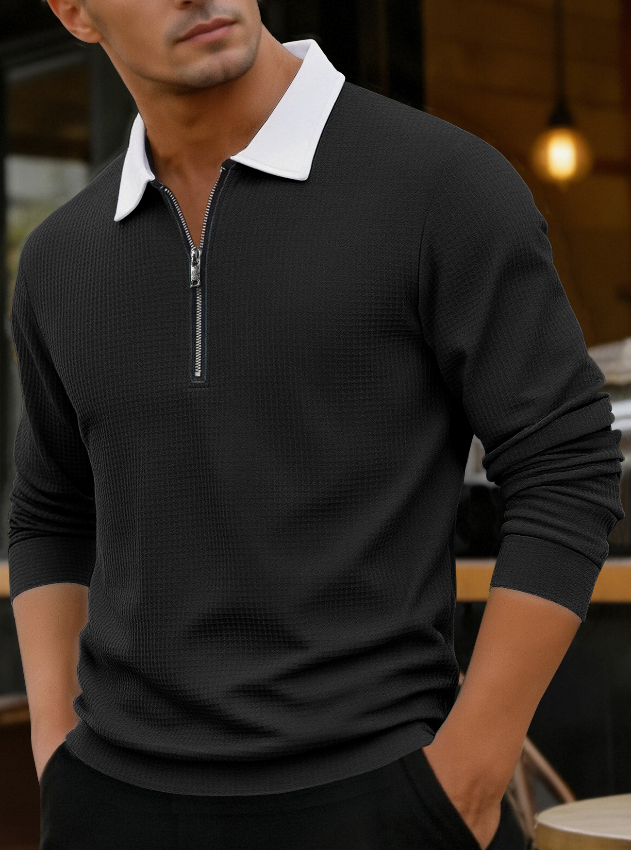 Clothes > Men's Clothing > Tops > Shirts  Long Sleeve Lapel Zip Shirt POLO Shirt S-3XL