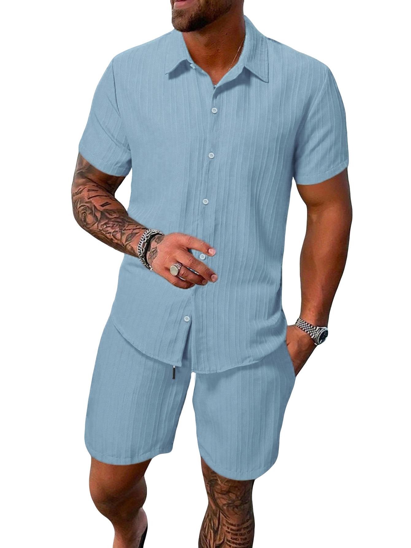 Clothes > Men's Clothing > Clothing Sets > Two-Piece Outfits  Summer Men's Short Sleeve Lapel T-Shirt Suit S-2XL