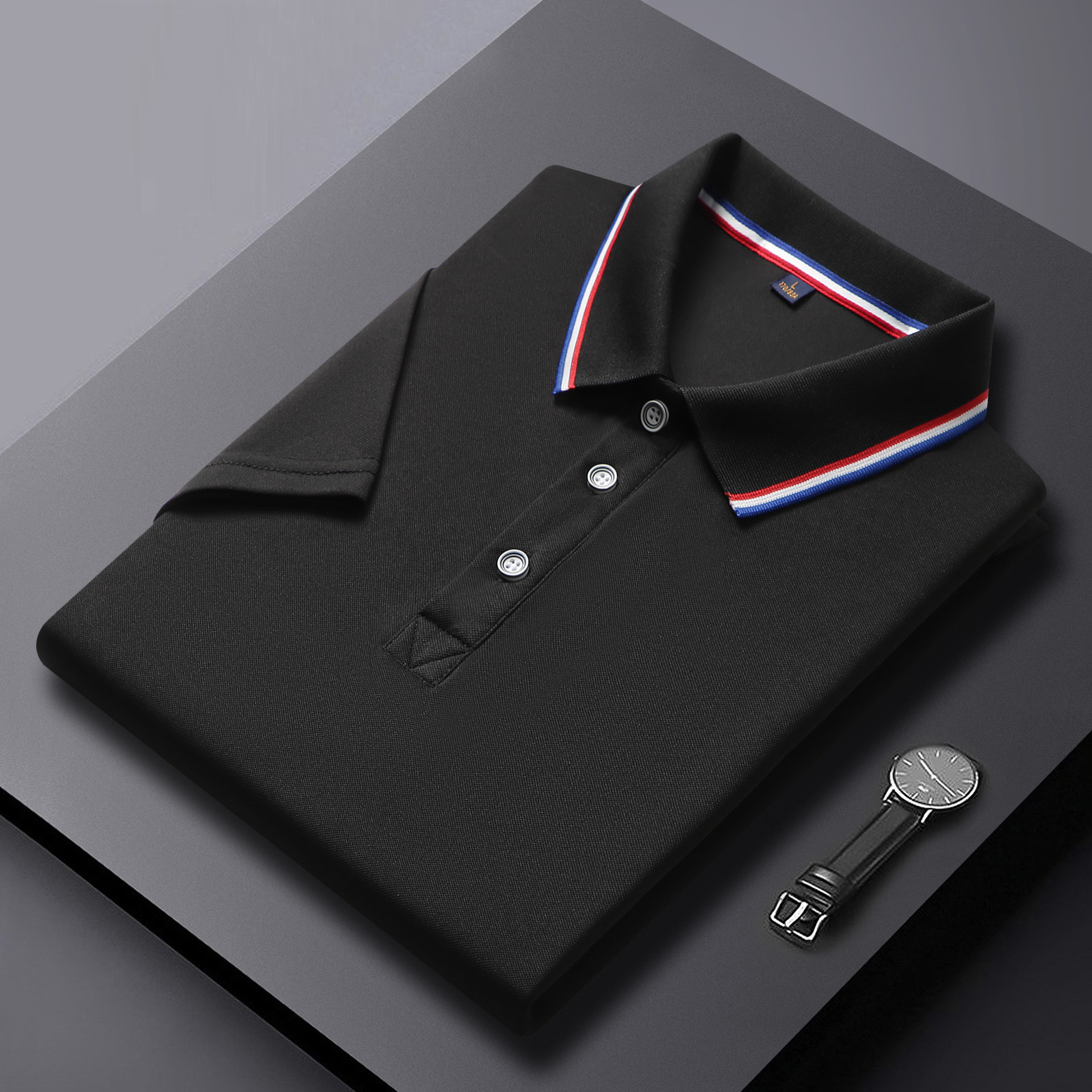 Clothes > Men's Clothing > Tops > T-Shirts  Summer Men's Polo Shirt With Lapel Black T-Shirt